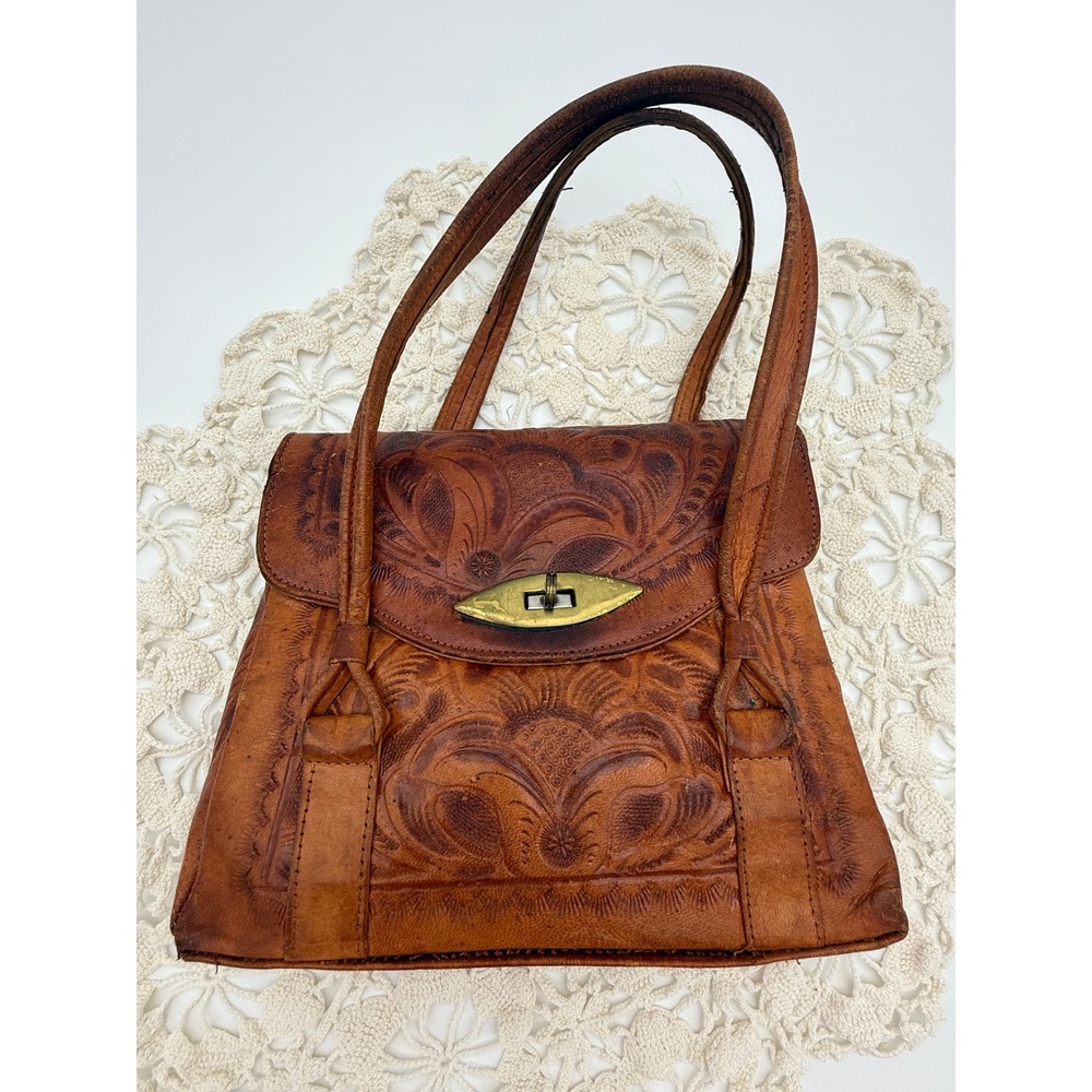 Vintage 60s Hand Tooled Leather Purse Mexican Floral Saddle‎ Bag Brass Lock